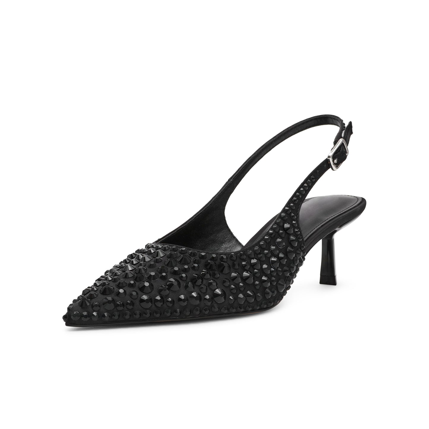 Black Satin Full Crystals Pointed-Toe Classic Slingback Kitten Heels