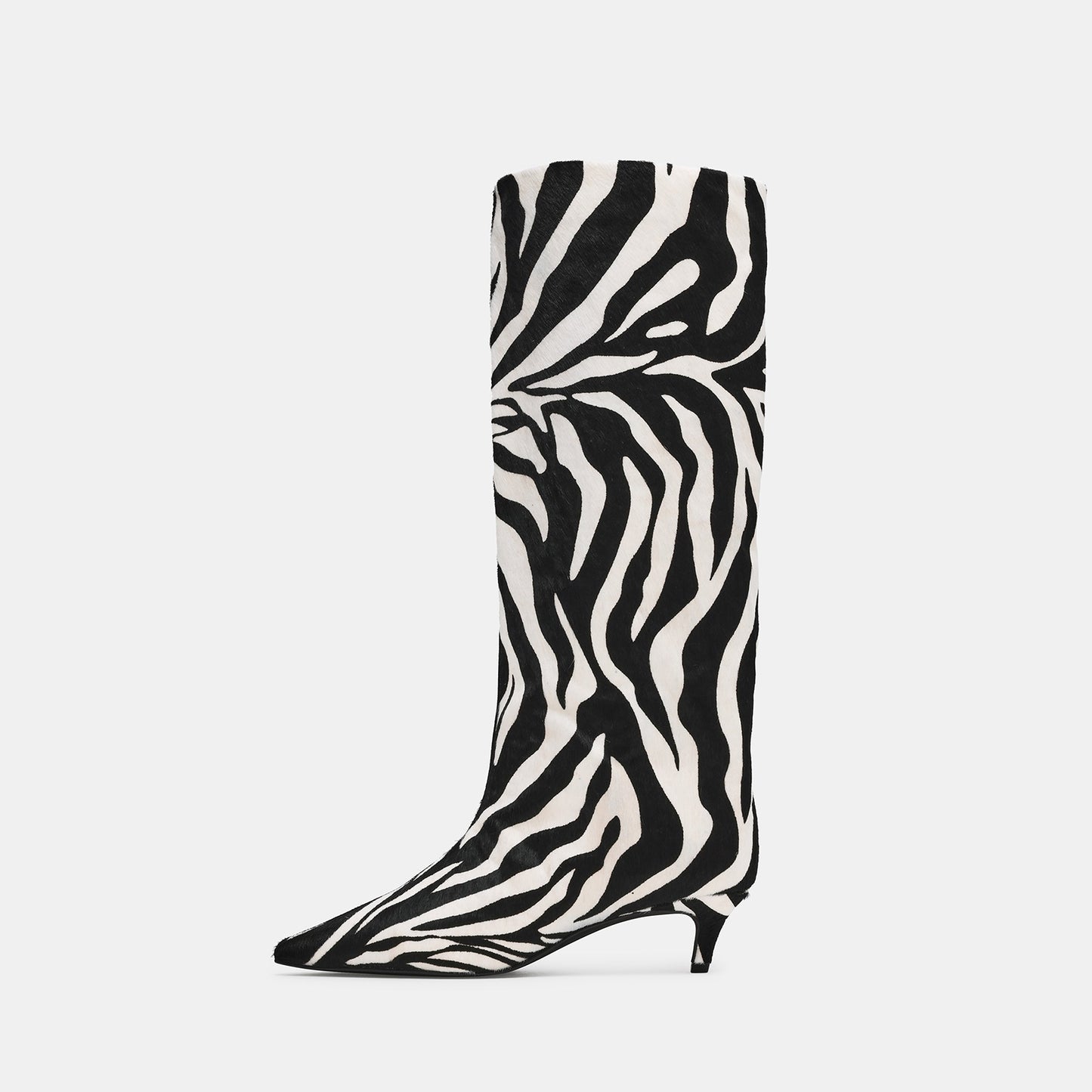Black Faux Suede And Zebra Pattern Vegan Leather Pointed-Toe Wide Calf Knee High Stiletto Boots