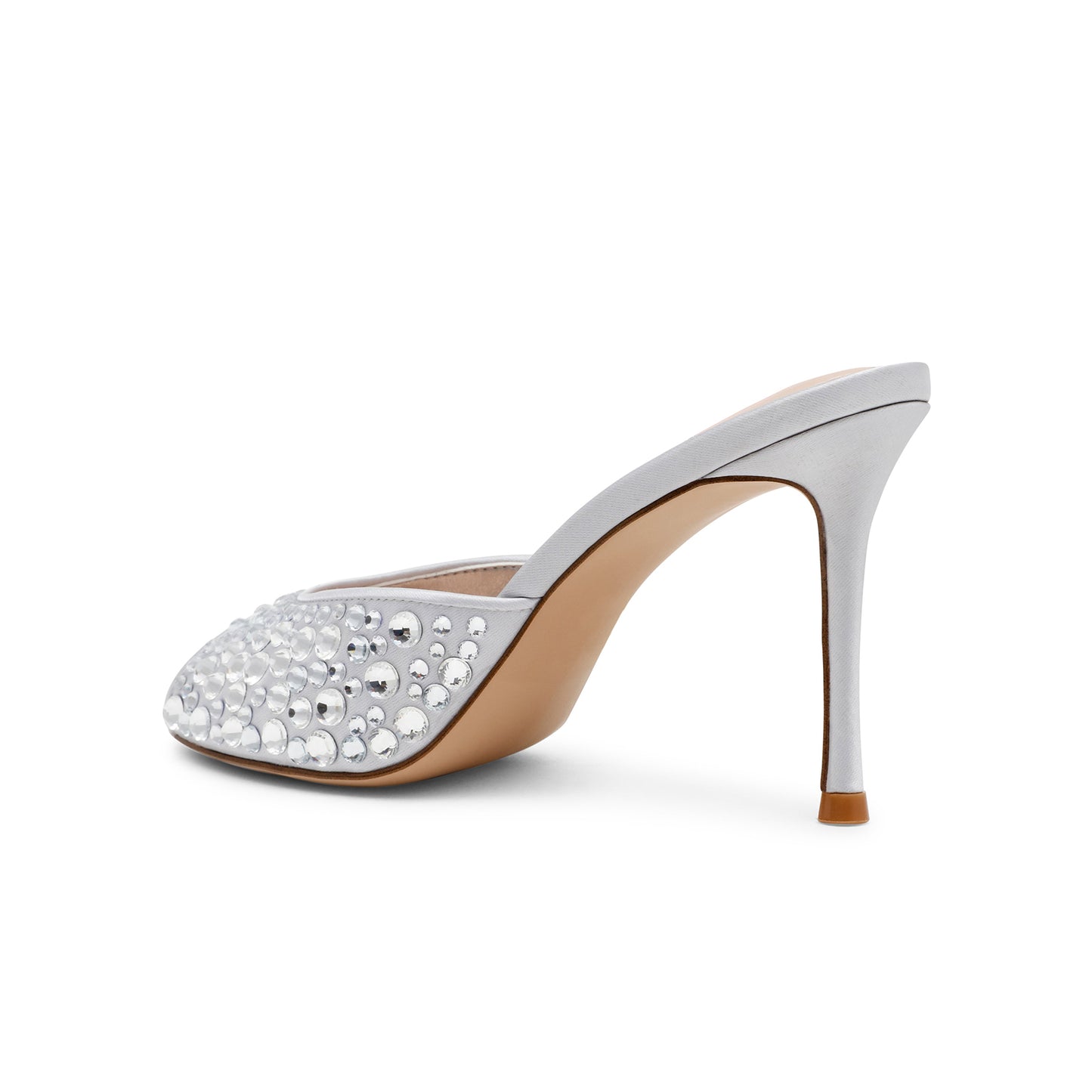Silver Satin Open Almond-Toe Rhinestone Backless High Heels