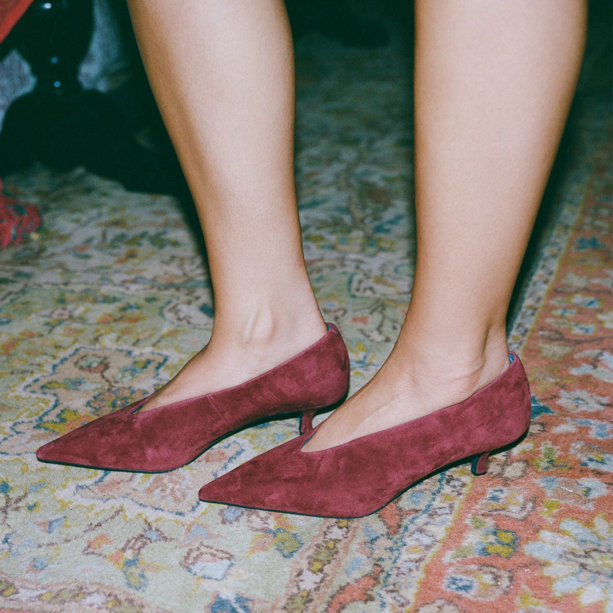 Wine Red Faux Suede Pointed-Toe Slip-On Chic Kitten Heels