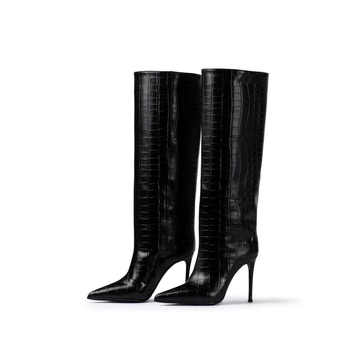 Black Crocodile-Print Pointed-Toe Simple Wide Calf Knee High Tall Stiletto Boots