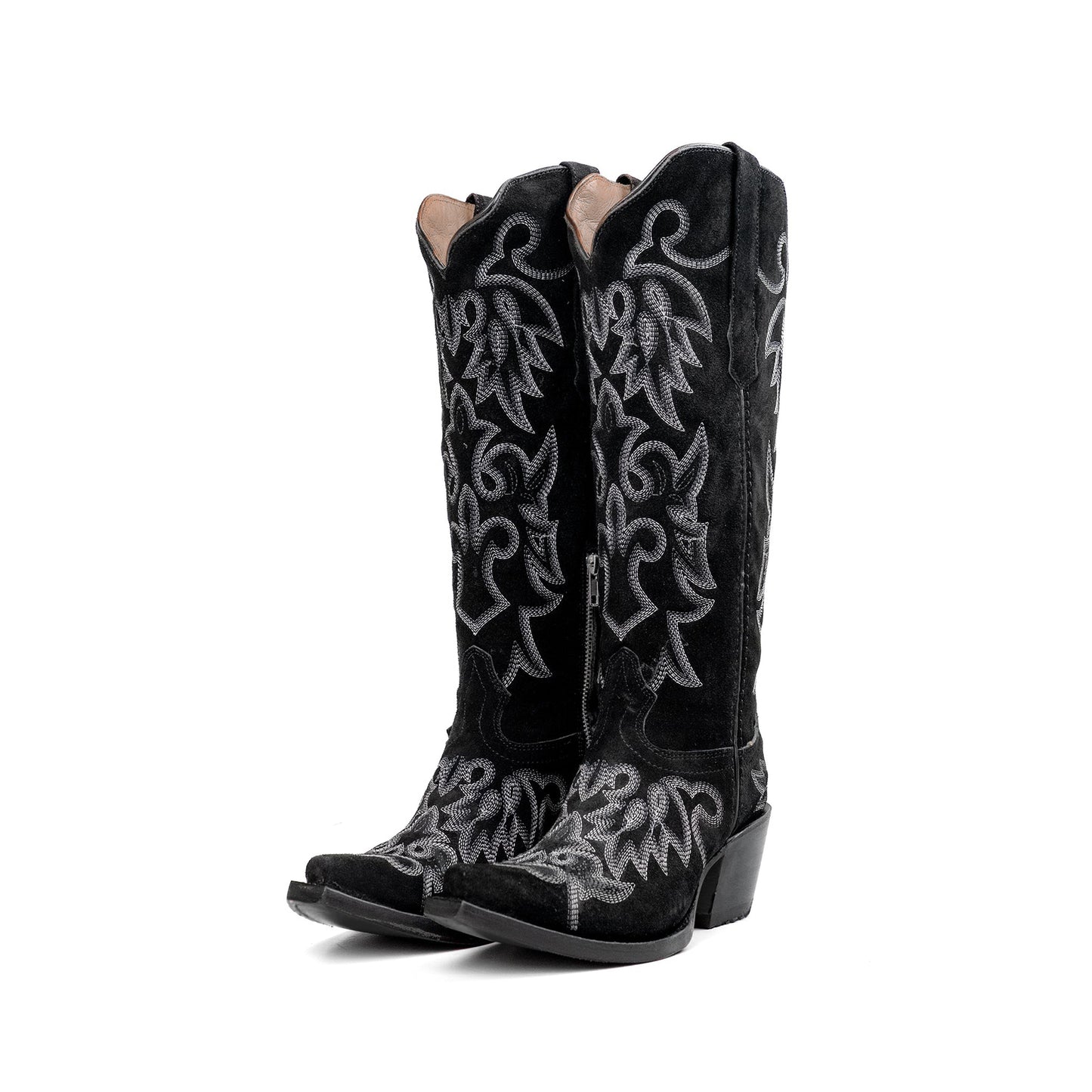 Black Faux Suede Snip-Toe Refined Embroidery Half-Zip Knee High Cowgirl Boots