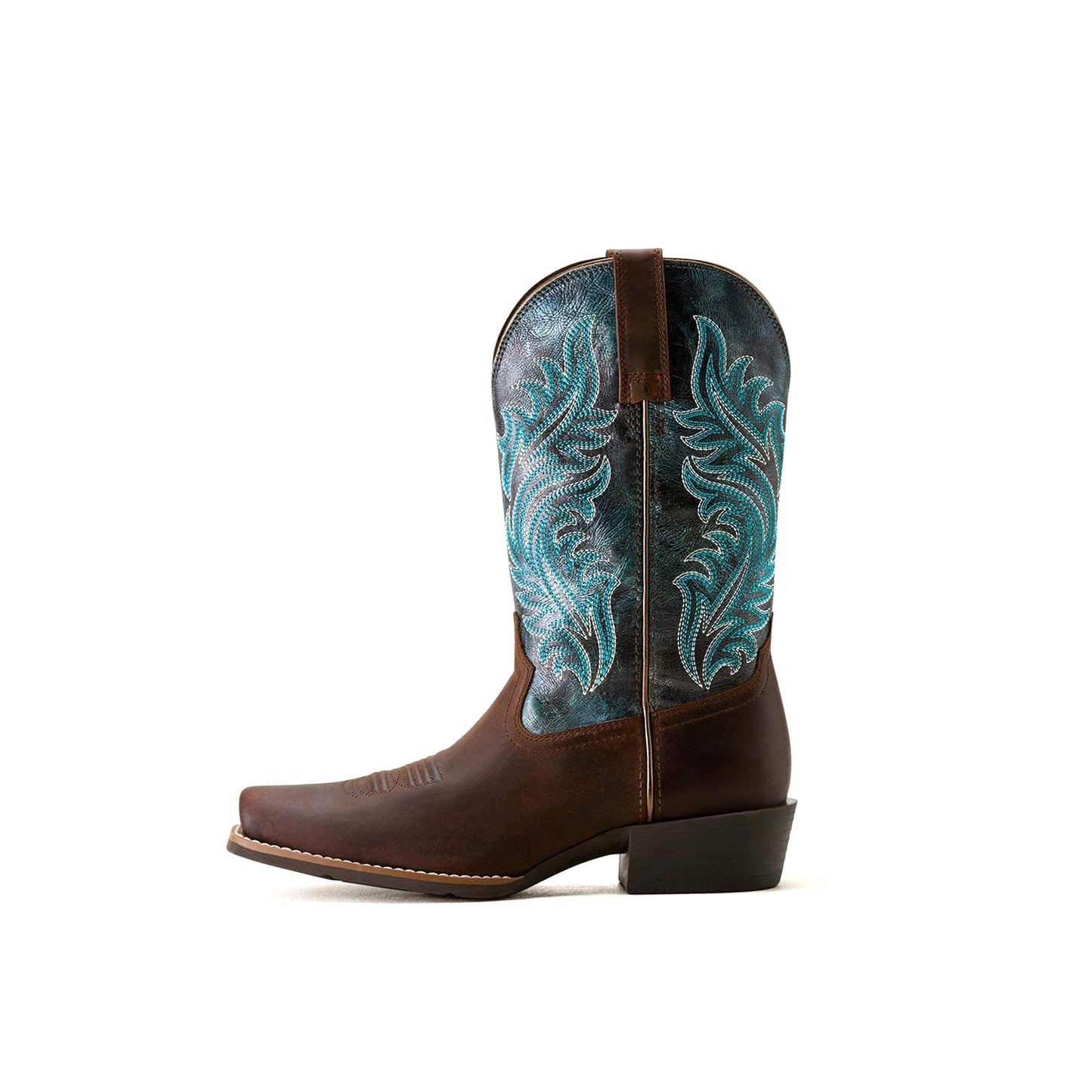 Contrast Brown And Navy Square-Toe Classic Embroidery Mid Calf Cowgirl Boots