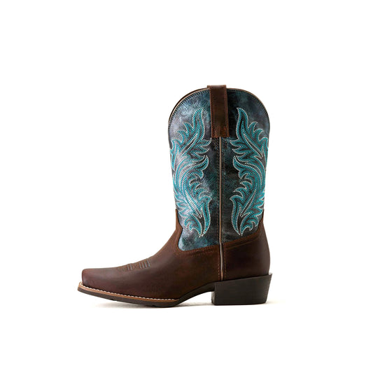 Contrast Brown And Navy Square-Toe Classic Embroidery Mid Calf Cowgirl Boots
