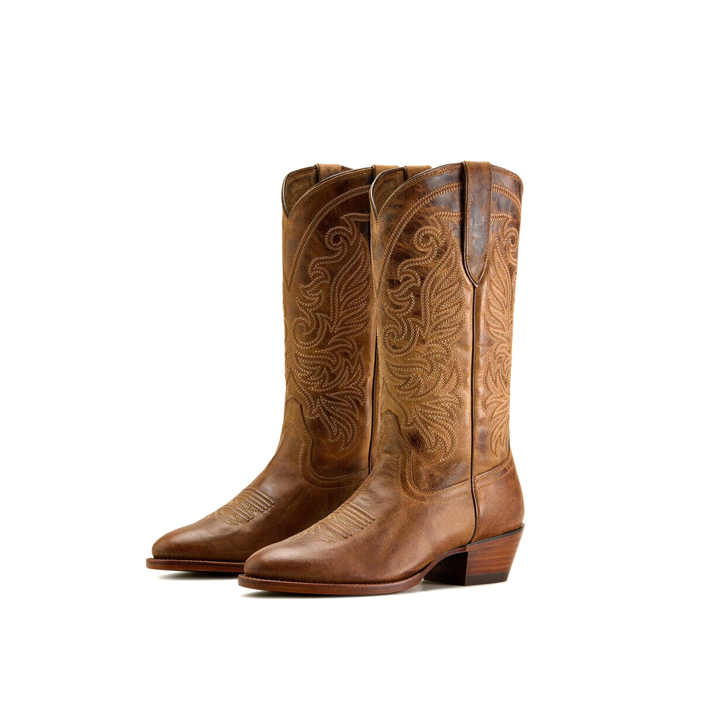 Tan Round-Toe Classic Embroidery Mid Calf Cowgirl Boots