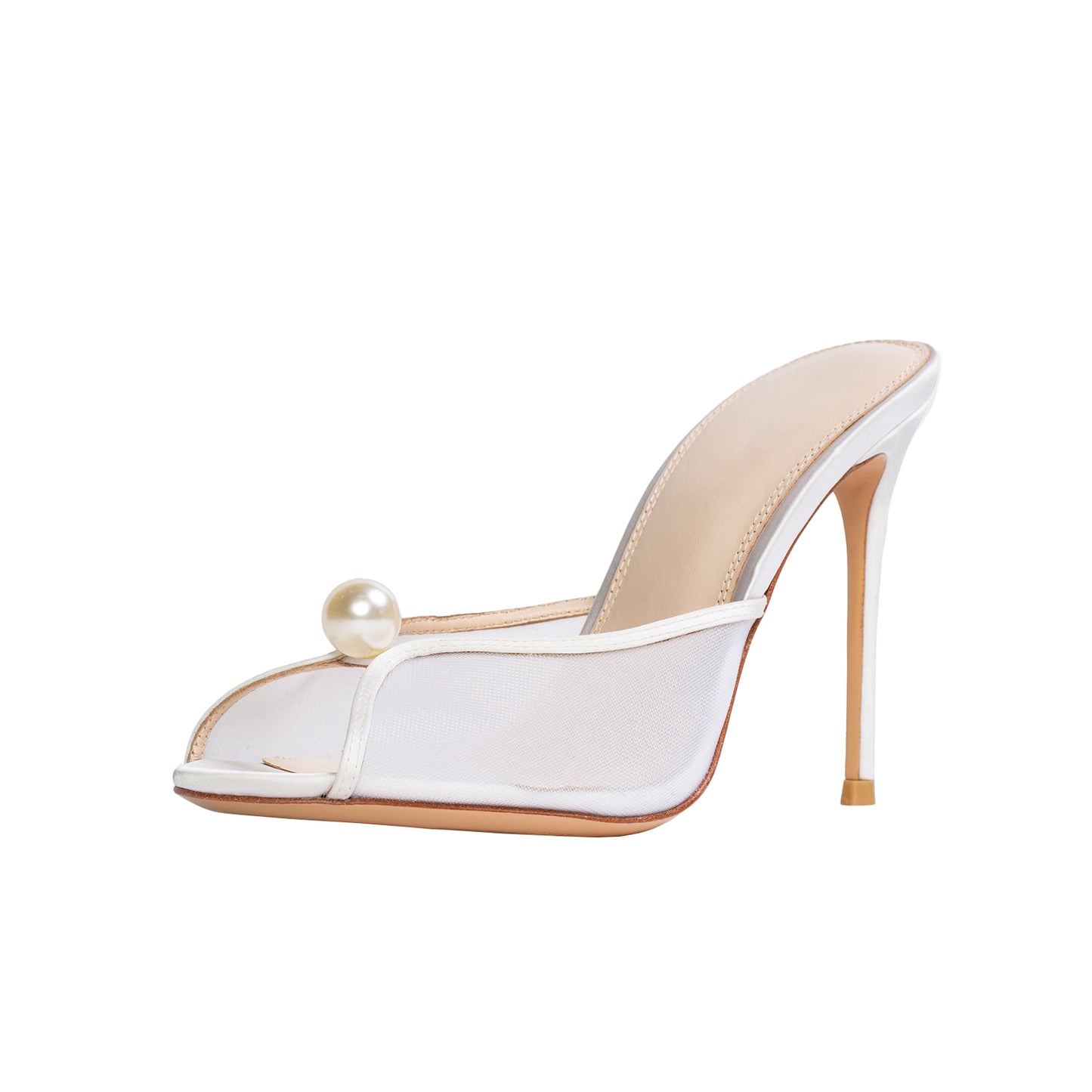 White Mesh Satin Round-Toe Front Pearl Backless High Heels