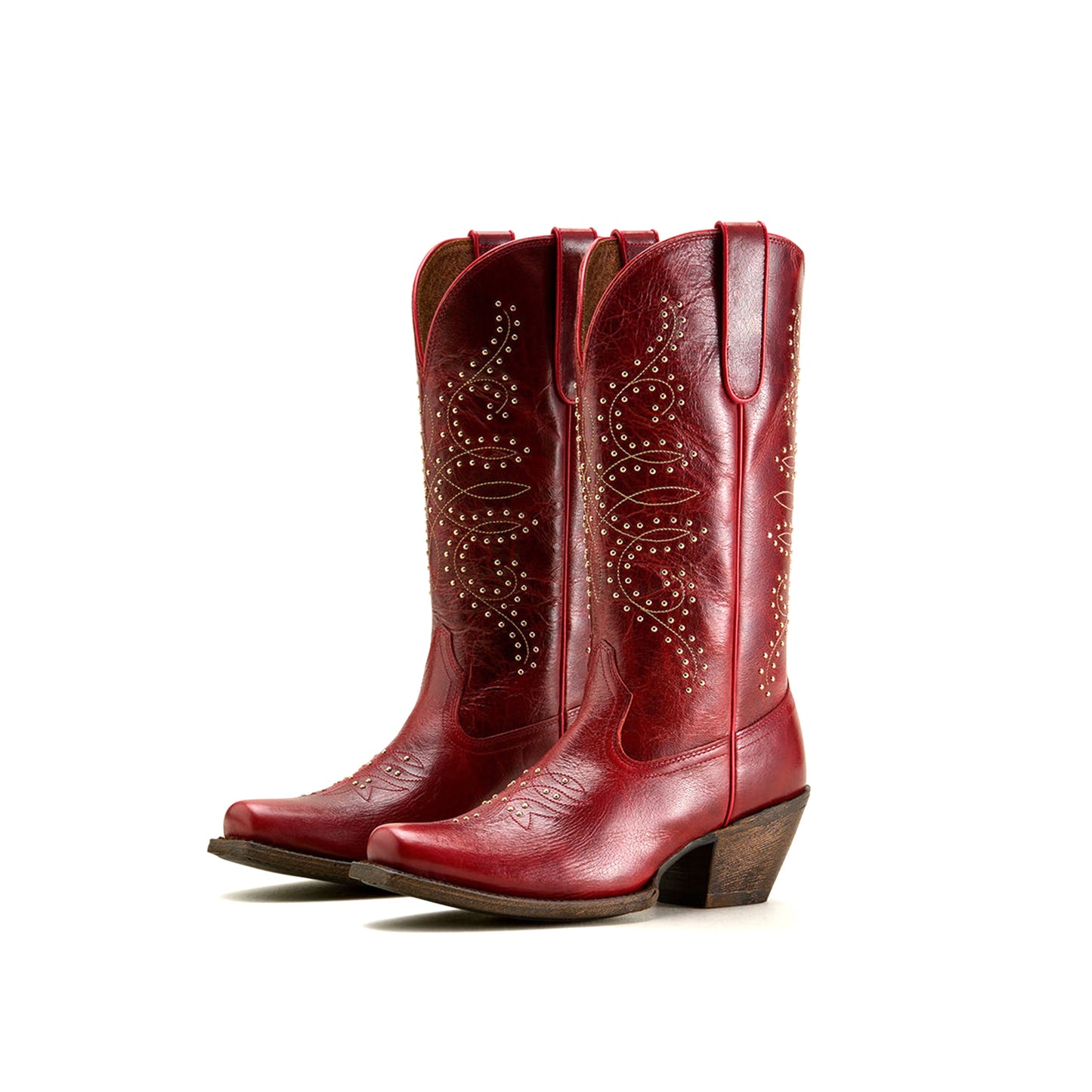 Red Square-Toe Studs Embroidery Mid Calf Cowgirl Boots