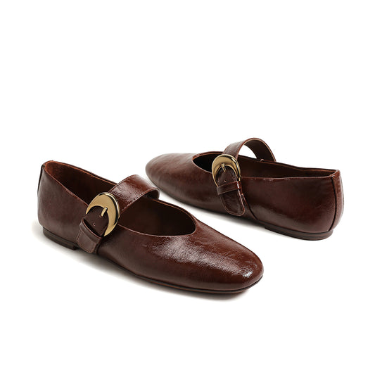Dark Brown Vegan Leather Square-Toe Buckle Bridge Strap Ballet Flats