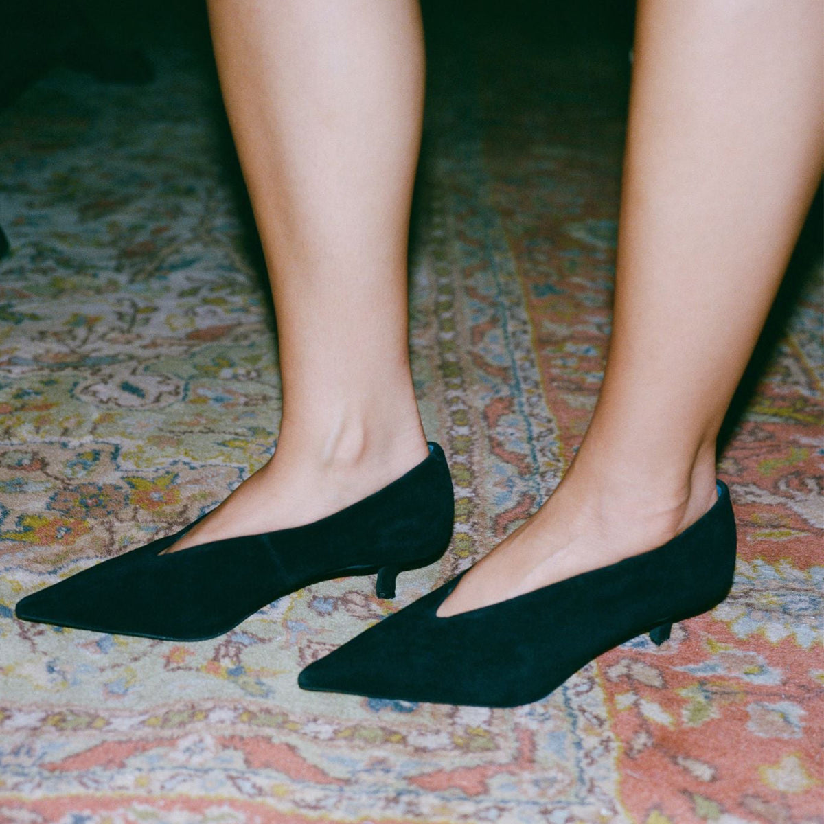 Black Faux Suede Pointed-Toe Slip-On Chic Kitten Heels