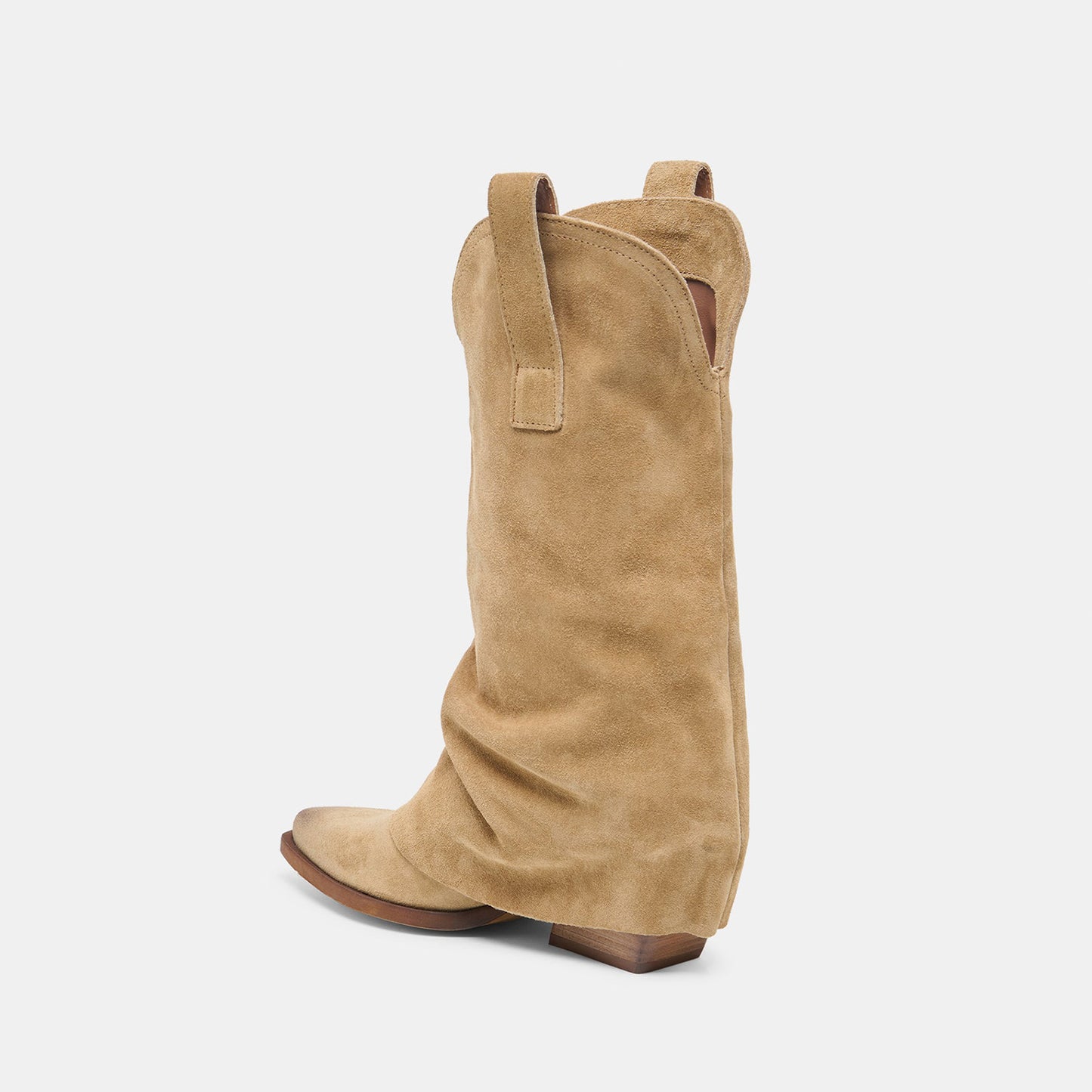 Camel Faux Suede Almond-Toe Buckle Strap Chic Mid Calf Cowgirl Boots