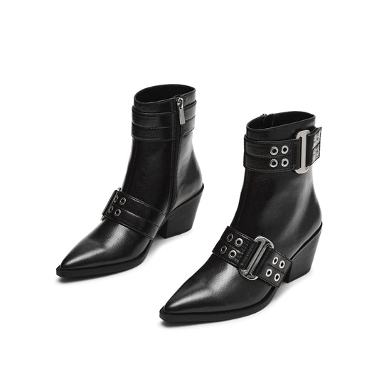Black Pointed-Toe Full-Zip Buckle Straps With Eyelets Ankle Cowgirl Boots