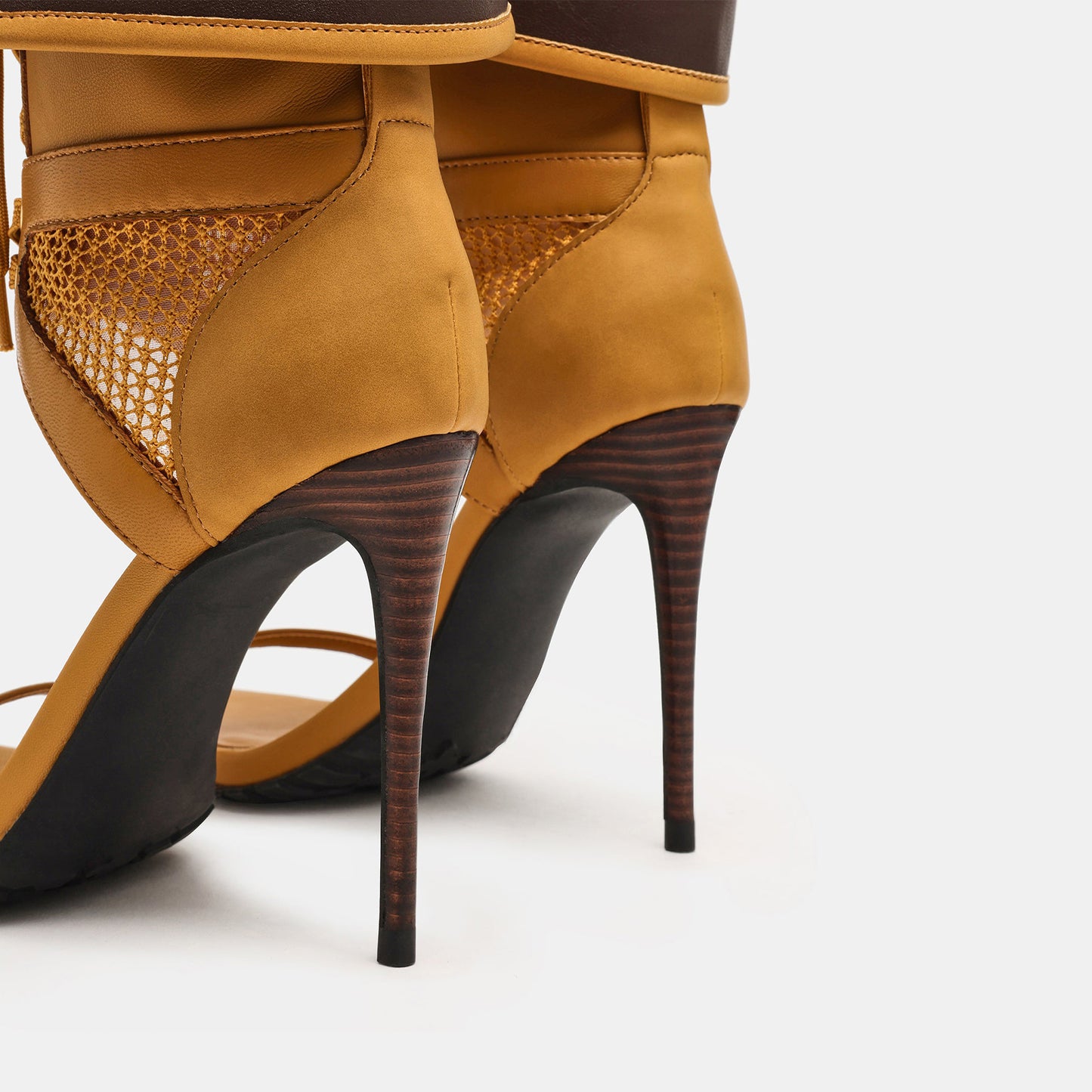 Wheat Open Round-Toe Mesh And Lace-Up Shaft Back Design Stiletto High Heels
