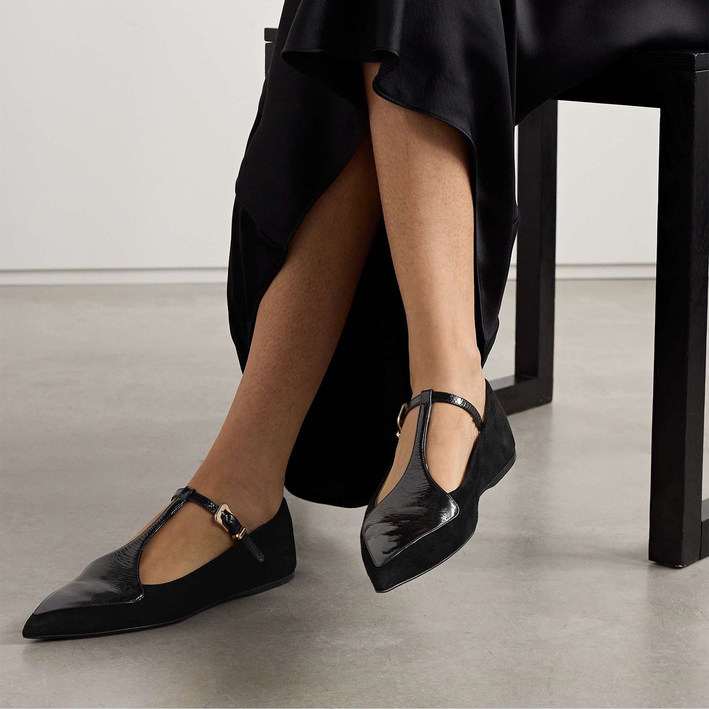 Black Contrast Patent Leather And Faux Suede Pointed-Toe Mary Jane Flats