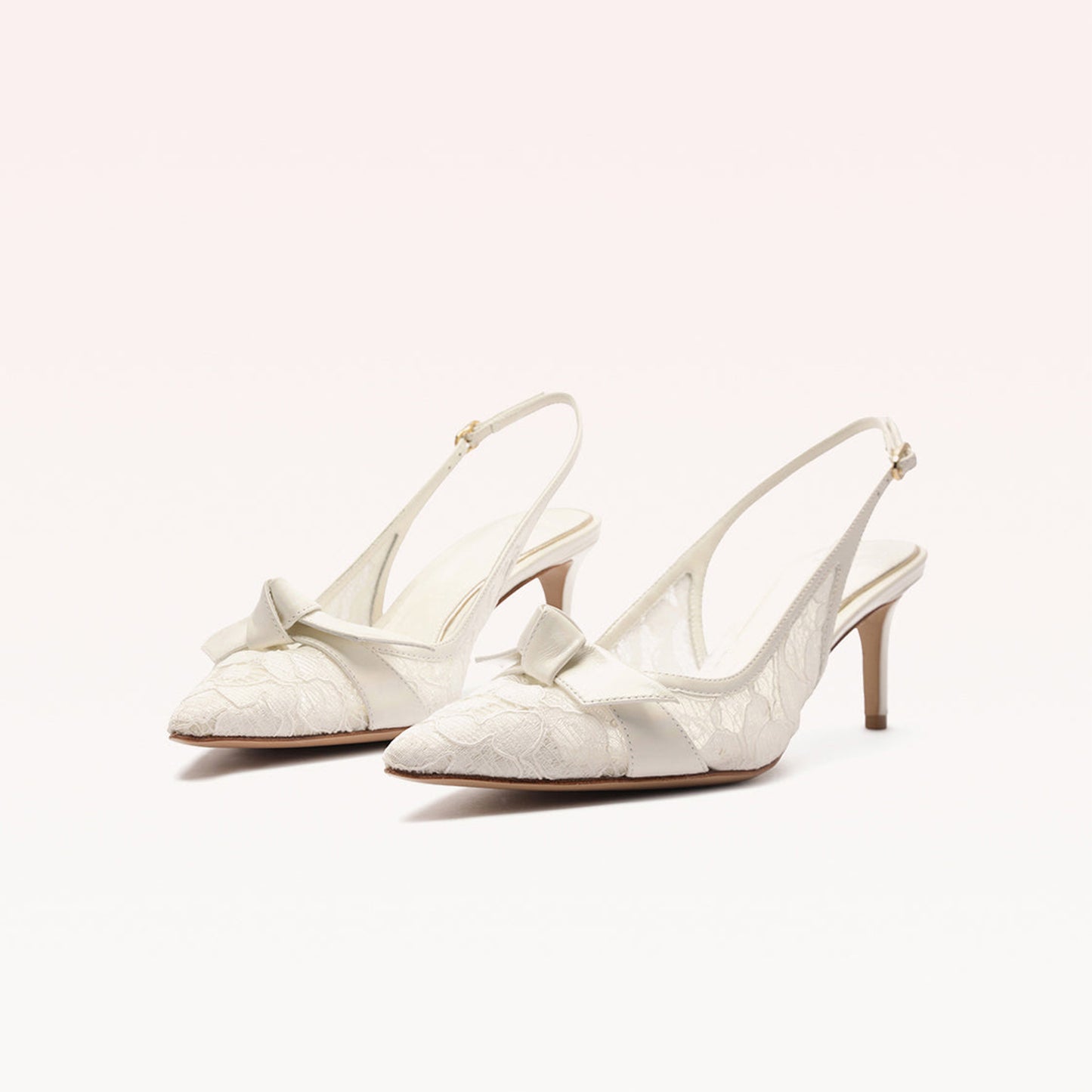 White Lace Mesh Pointed-Toe Front Knot Slingback Kitten Heels