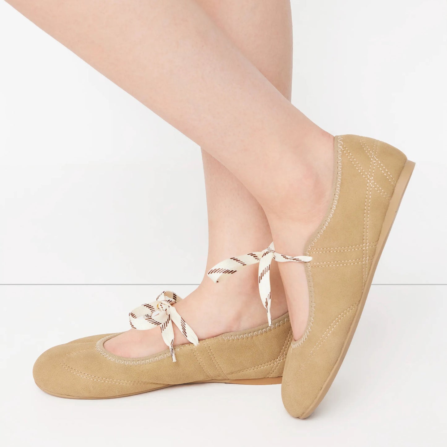 Khaki Faux Suede Round-Toe Middle Strap Simple Ballet Flats