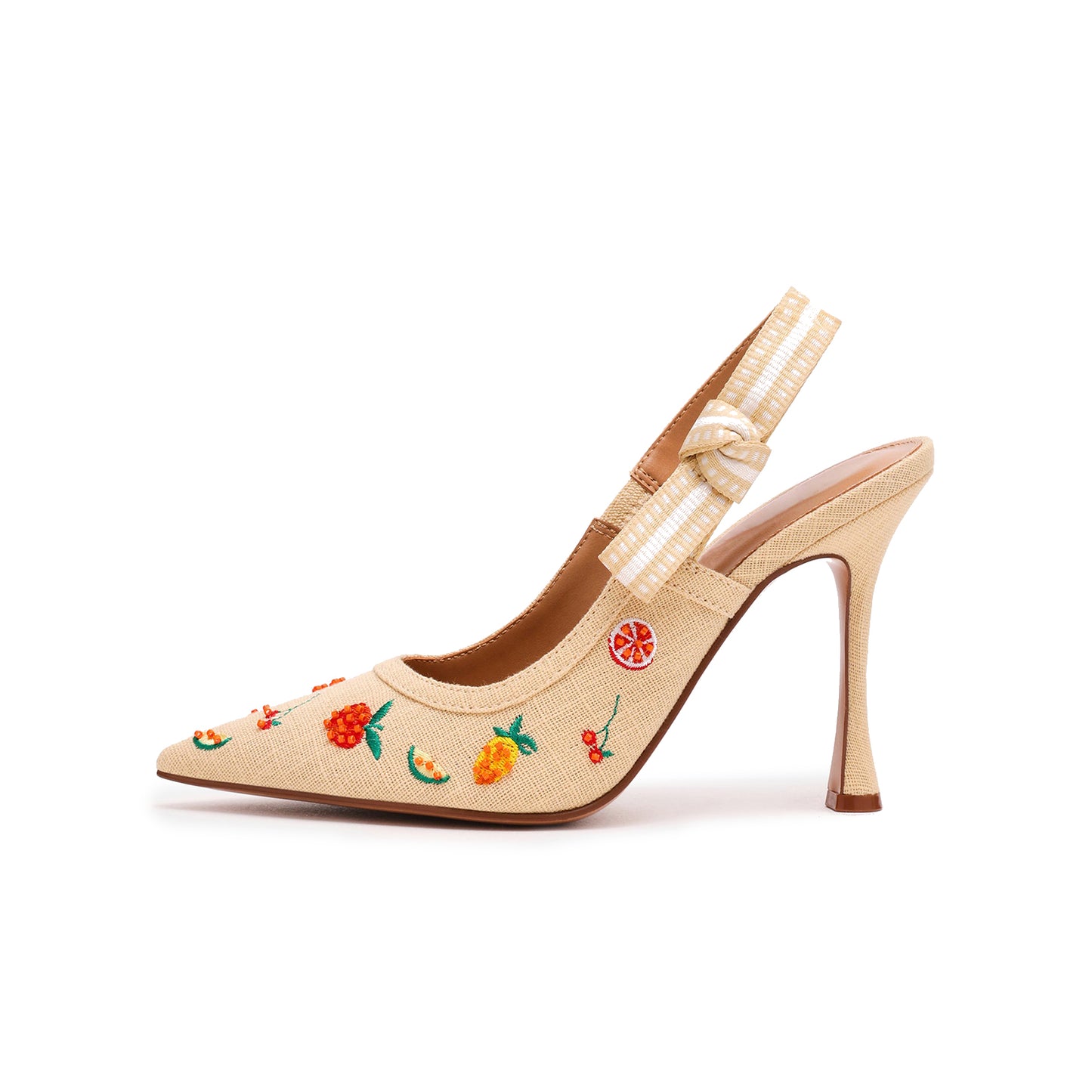Beige Cloth Pointed-Toe Multiple Fruits Embroidery Slingback With Bow High Heels