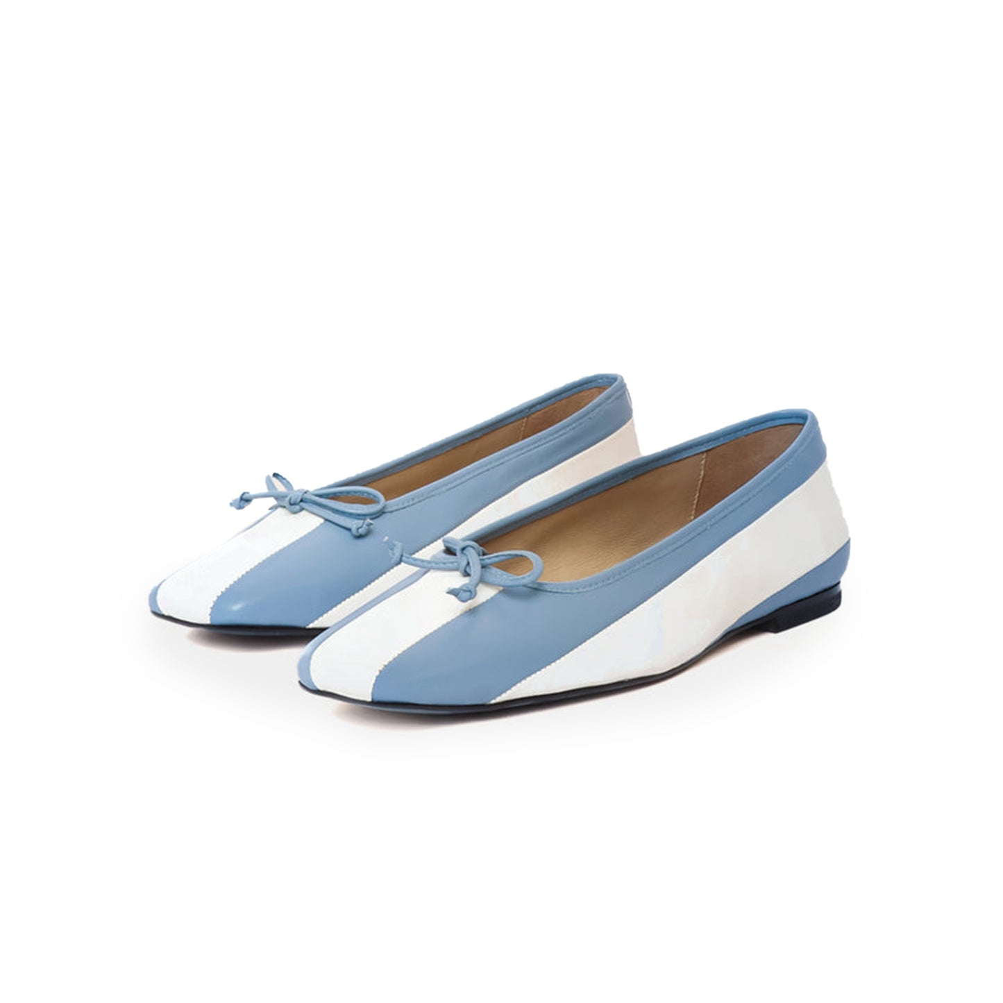 Contrast White And Blue Square-Toe Front Bow Slip-On Ballet Flats
