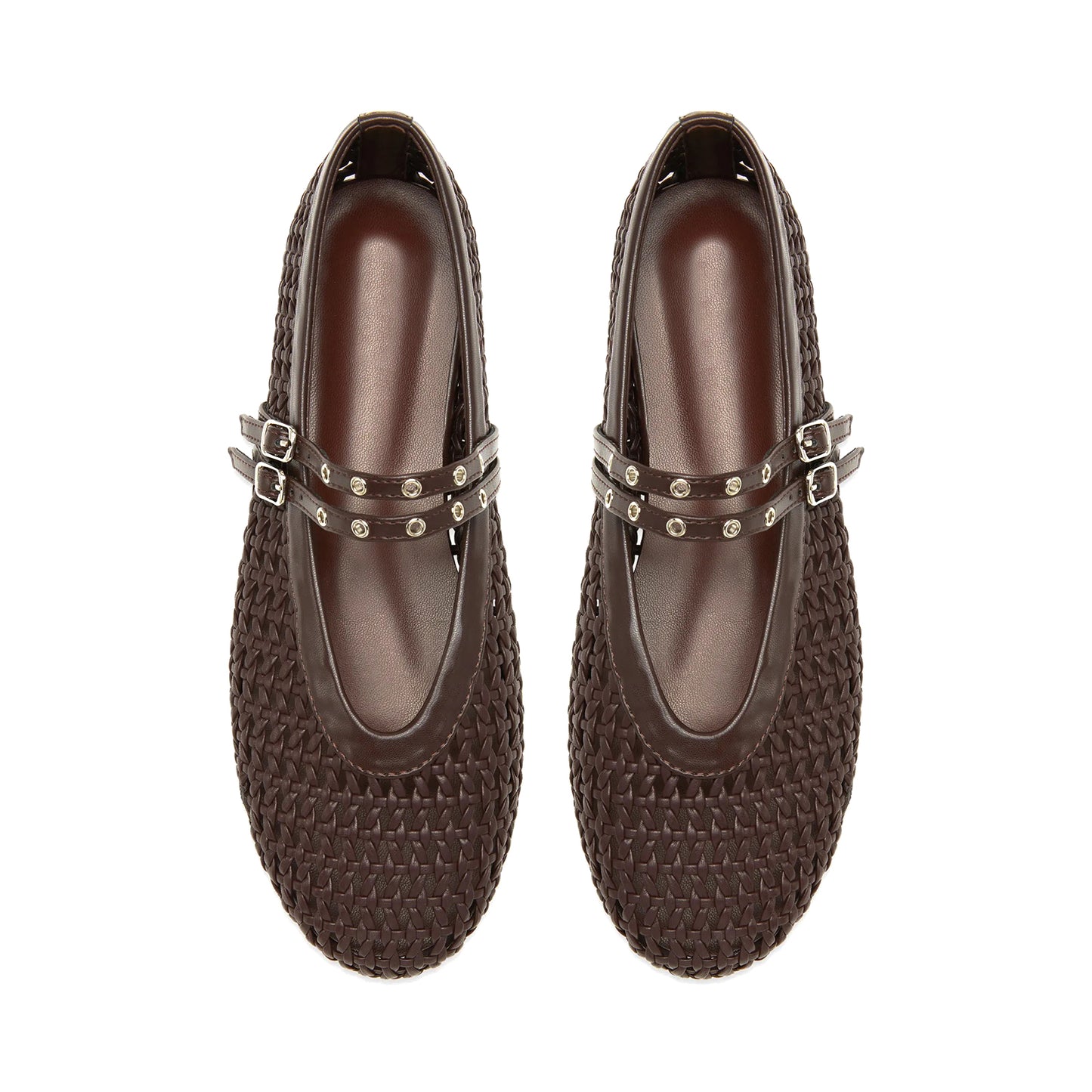 Coffee Woven Vegan Leather Round-Toe Buckle Mary Jane Classic Flats