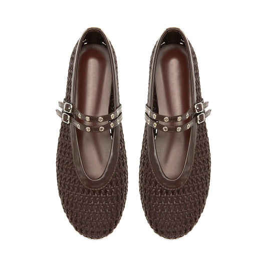Coffee Woven Vegan Leather Round-Toe Buckle Mary Jane Classic Flats
