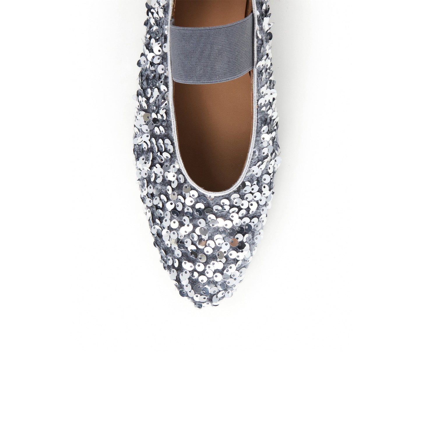 Gray Velvet Round-Toe Full Sequins Ballet Mary Jane Flats