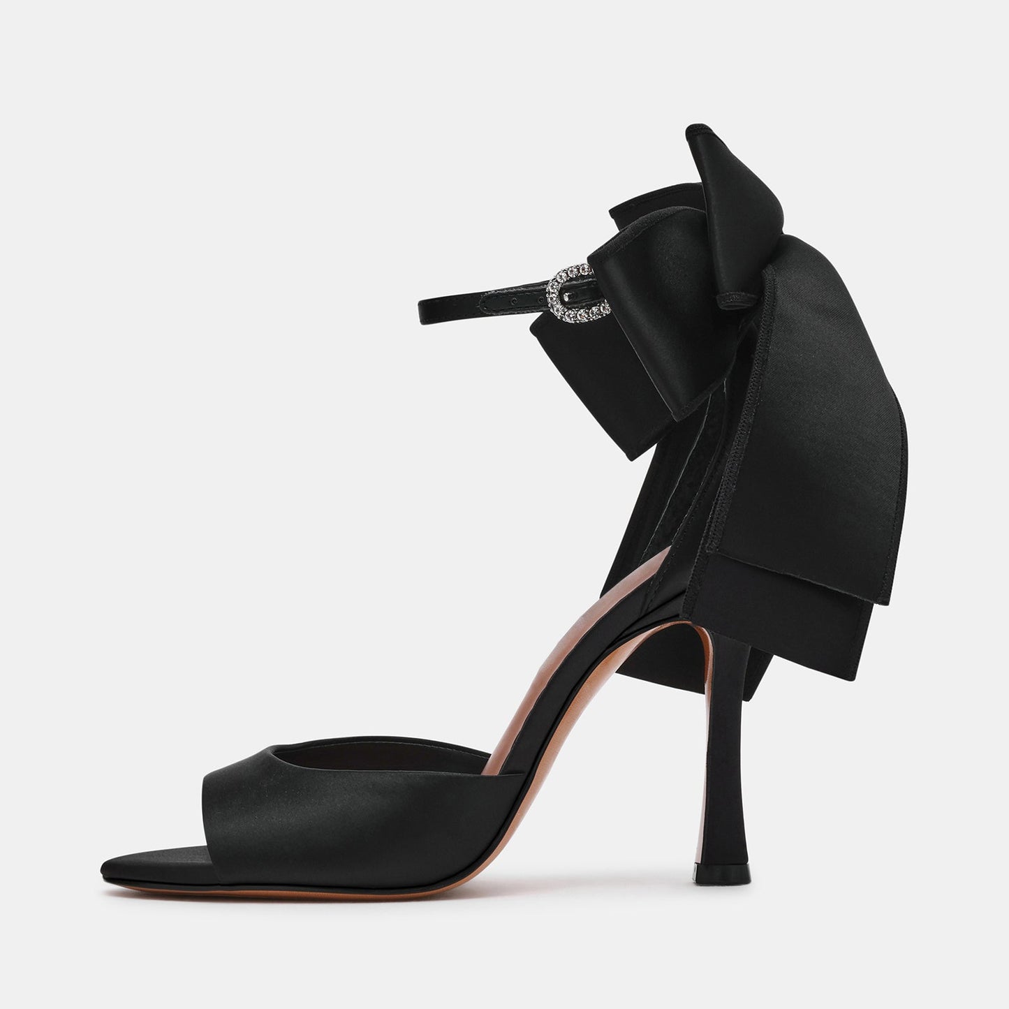 Black Satin Round-Toe Back Big Bow And Ankle Strap Chic High Heels