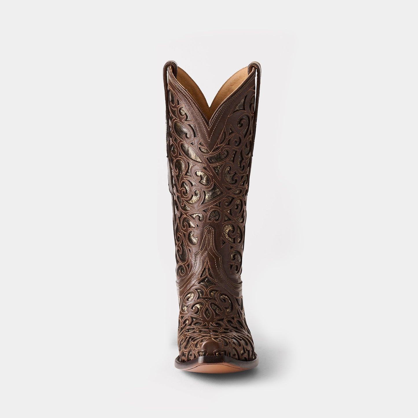 Coffee Snip-Toe Metallic Silver Inlays Chic Mid Calf Cowgirl Boots