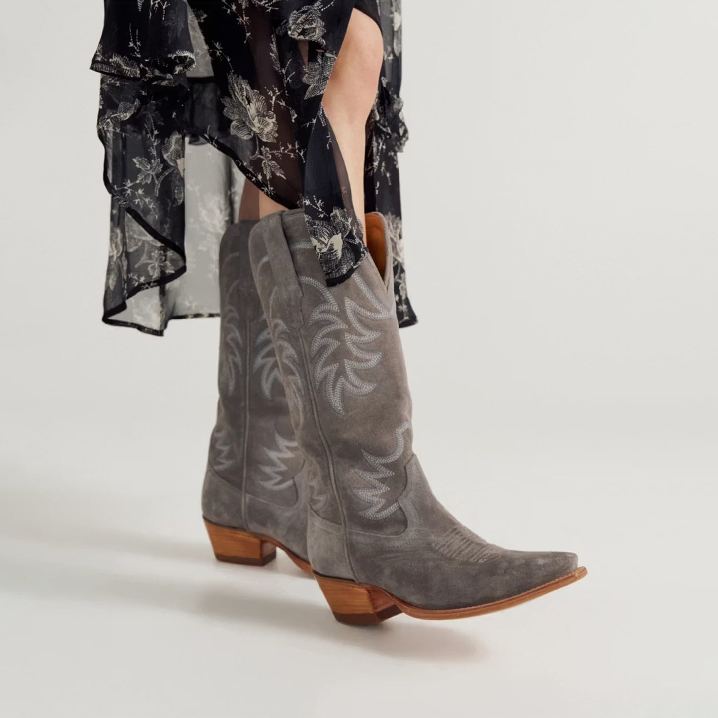 Charcoal Faux Suede Snip-Toe Embroidery Mid Calf Cowgirl Boots