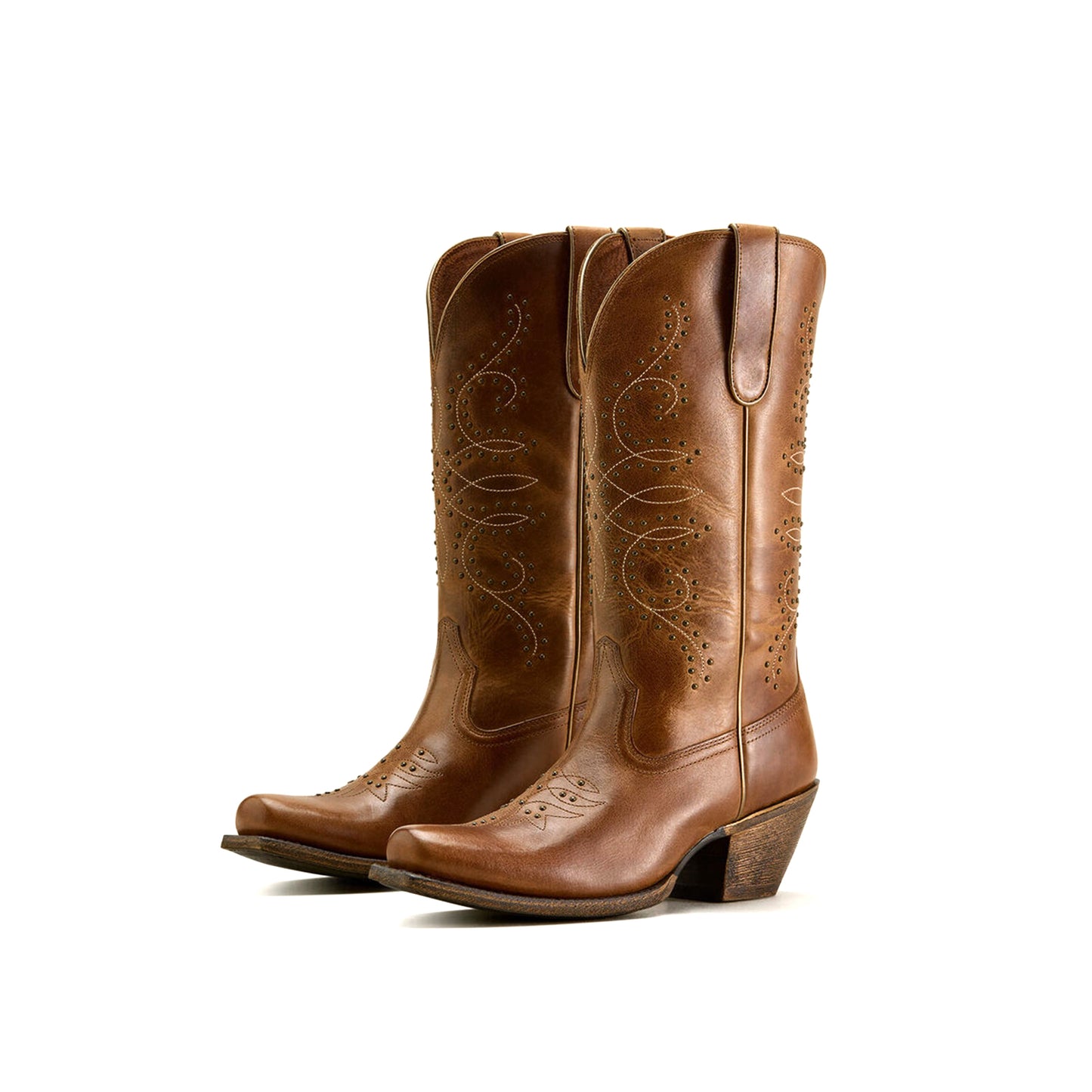 Brown Square-Toe Studs Embroidery Mid Calf Cowgirl Boots