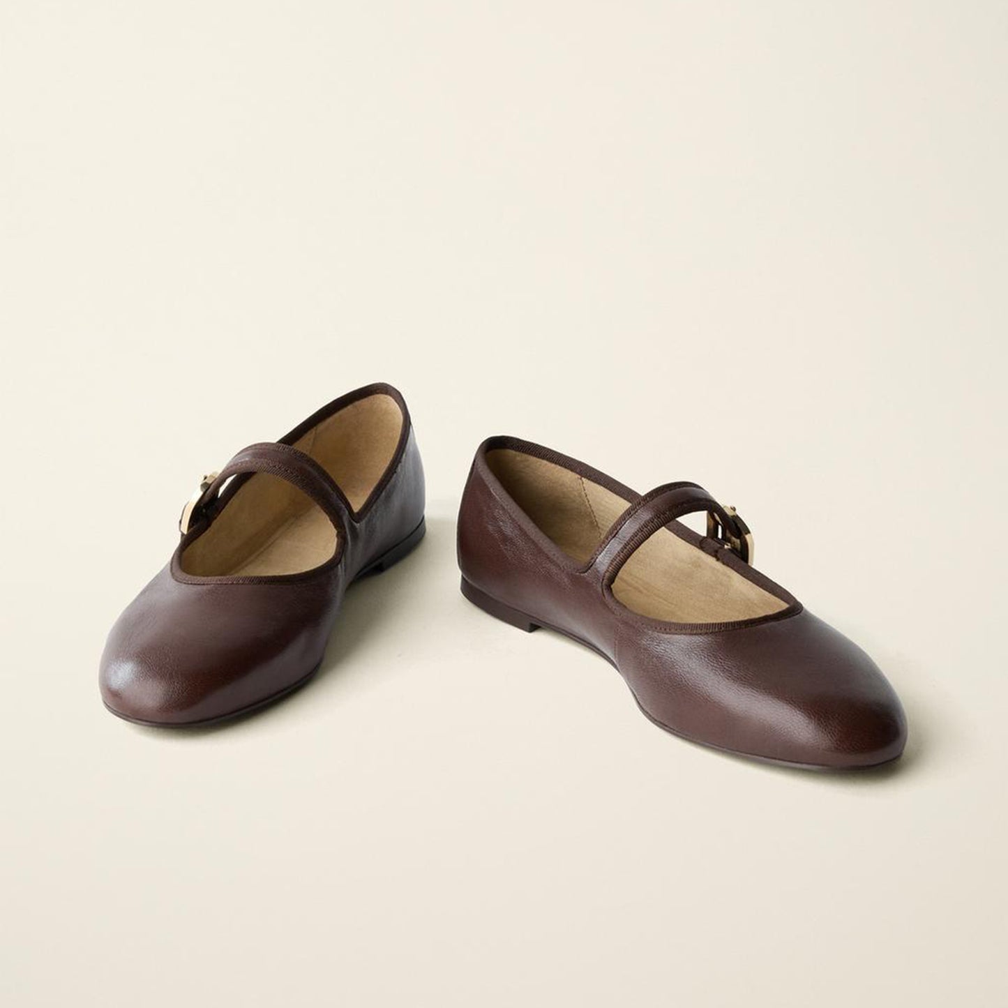 Brown Round-Toe Simple Buckle Middle Strap Chic Ballet Flats