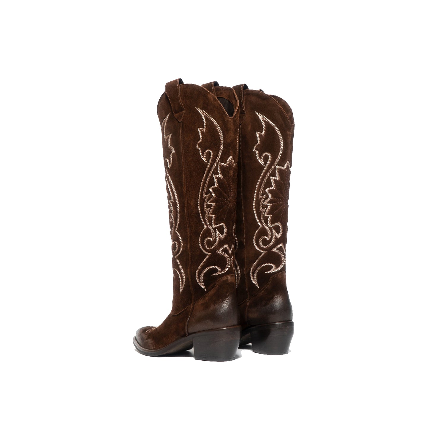 Dark Brown Faux Suede Pointed-Toe Embroidery Wide Calf Knee High Cowgirl Boots