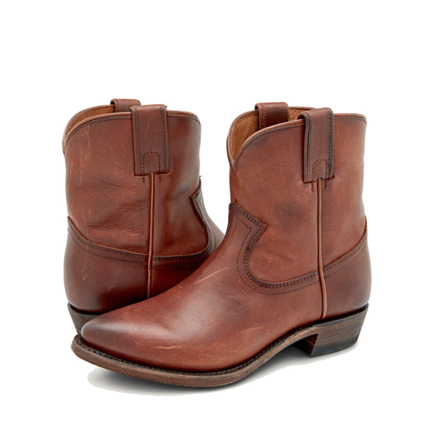Cognac Round-Toe Simple Slip-On Ankle Cowgirl Boots