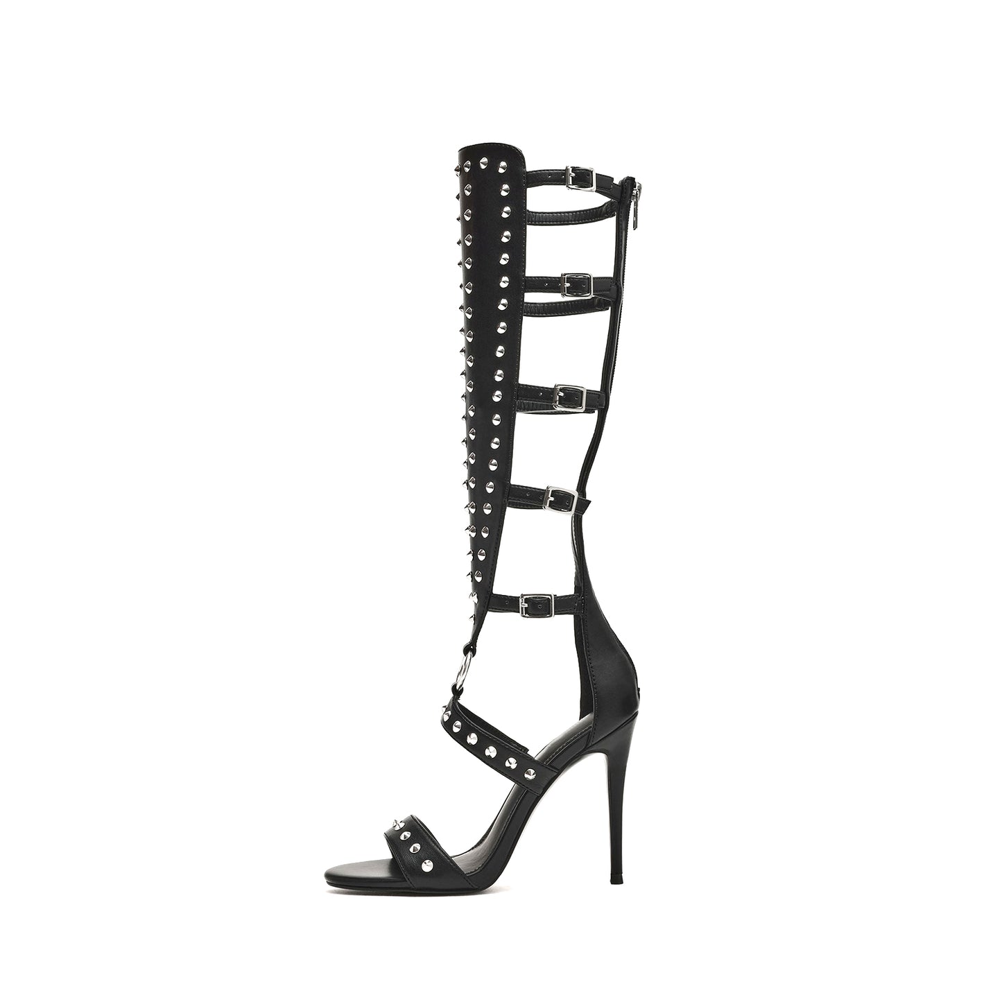 Black Round-Toe Buckle Strappy Full Studs Back Full-Zip Knee High Stiletto Boots