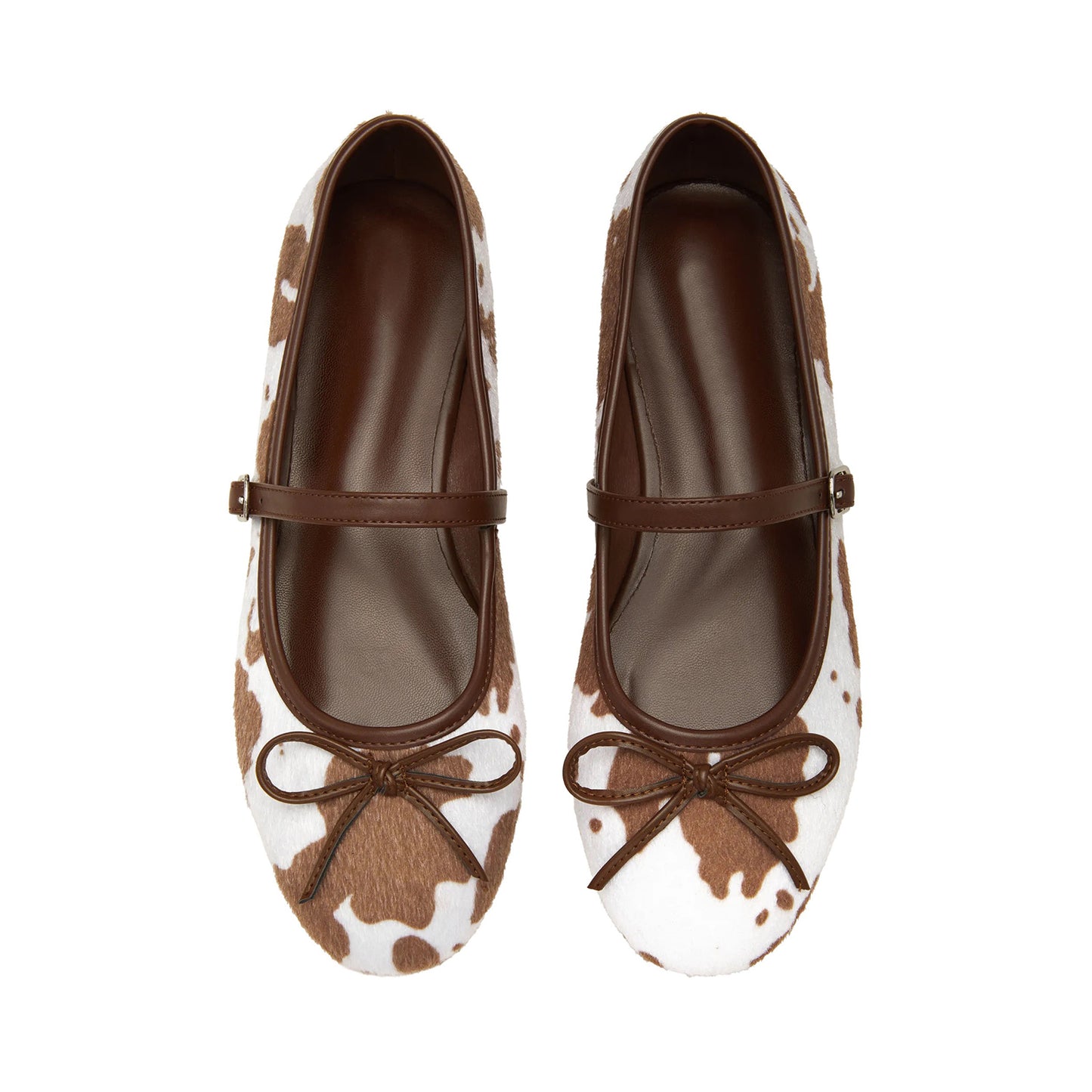 Cow Pattern Pony Hair Round-Toe Front Bow And Mary Jane Ballet Flats