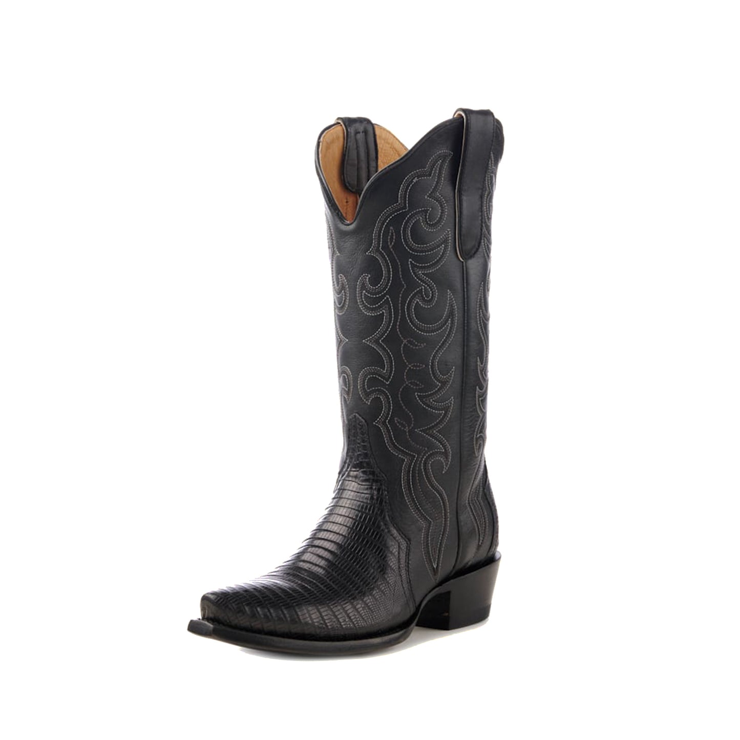 Black Contrast Vegan Leather And Lizard Print Snip-Toe Embroidery Classic Mid Calf Cowgirl Boots