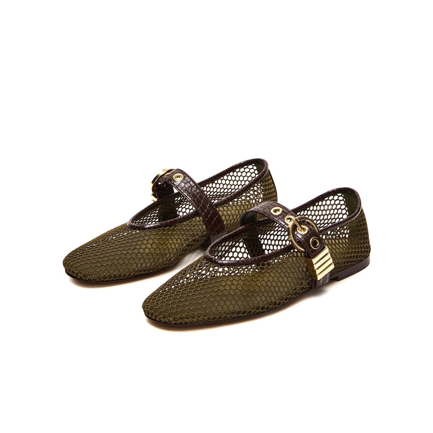 Olive Green Mesh Round-Toe Crocodile Print Bridge Strap Ballet Flats