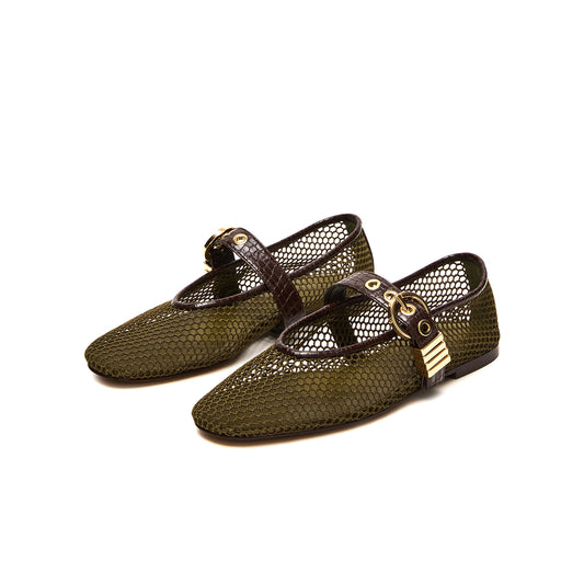 Olive Green Mesh Round-Toe Crocodile Print Bridge Strap Ballet Flats