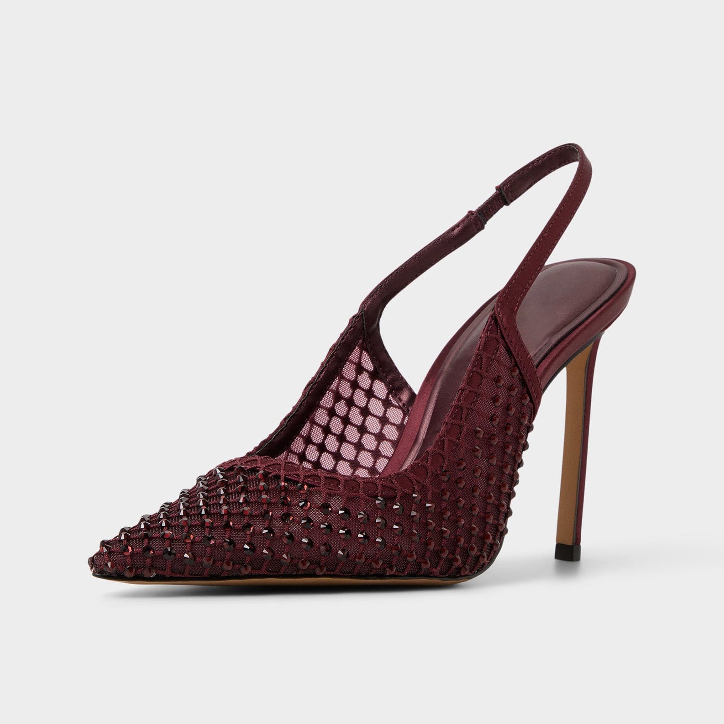 Burgundy Rhinestones Mesh And Satin Pointed-Toe Slingback High Heels