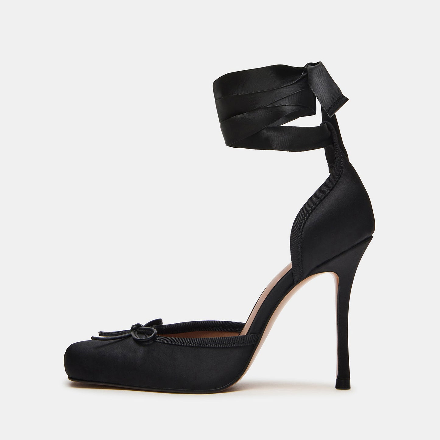 Black Satin Square-Toe Front Bow Ankle Strap Slip-On High Heels