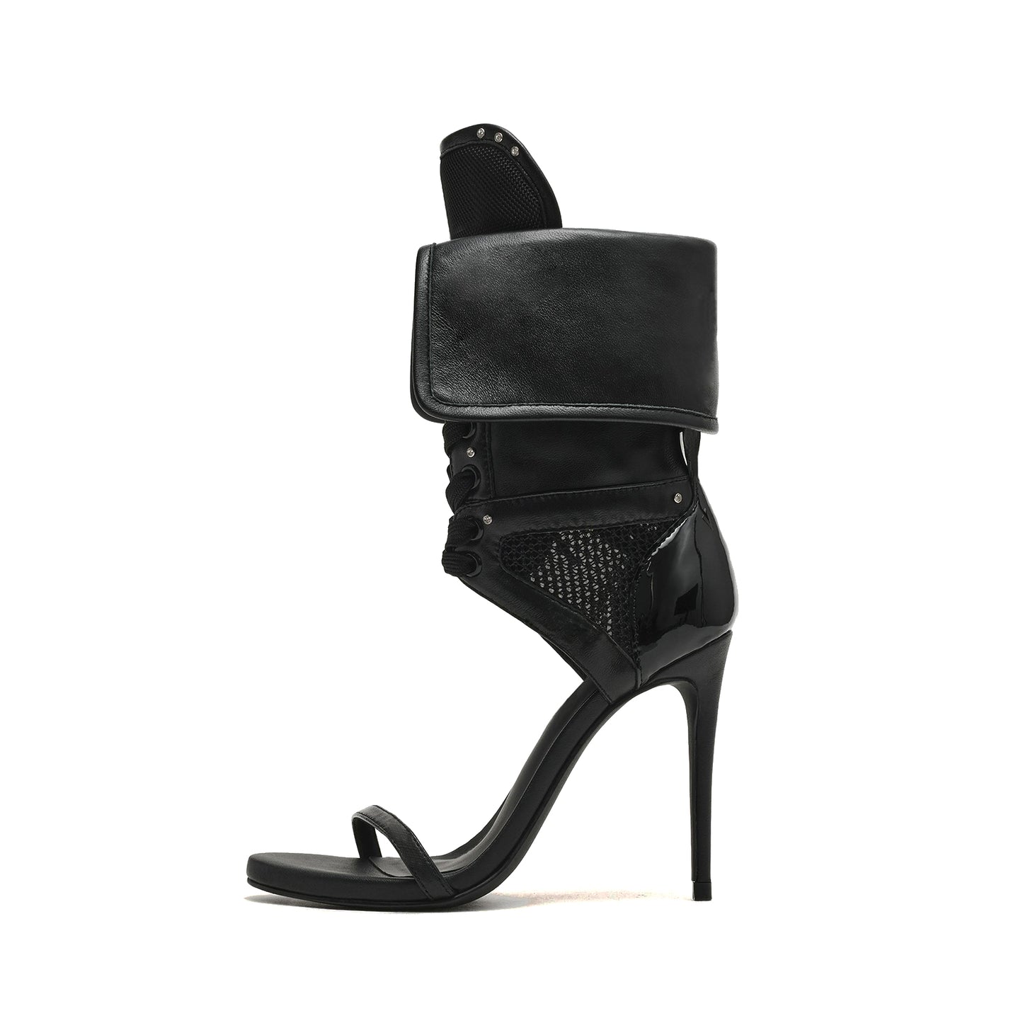 Black Open Round-Toe Mesh And Lace-Up Shaft Back Patent Design Stiletto High Heels