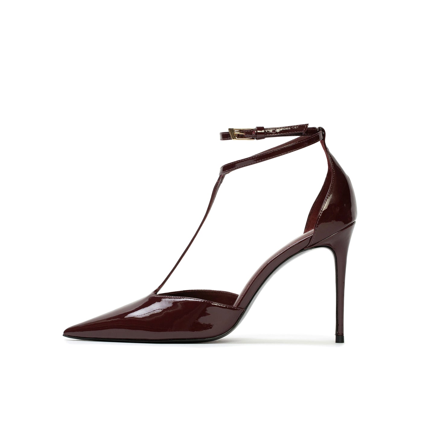 Patent Burgundy Pointed Toe Ankle Strap With Buckle High Stiletto Heel