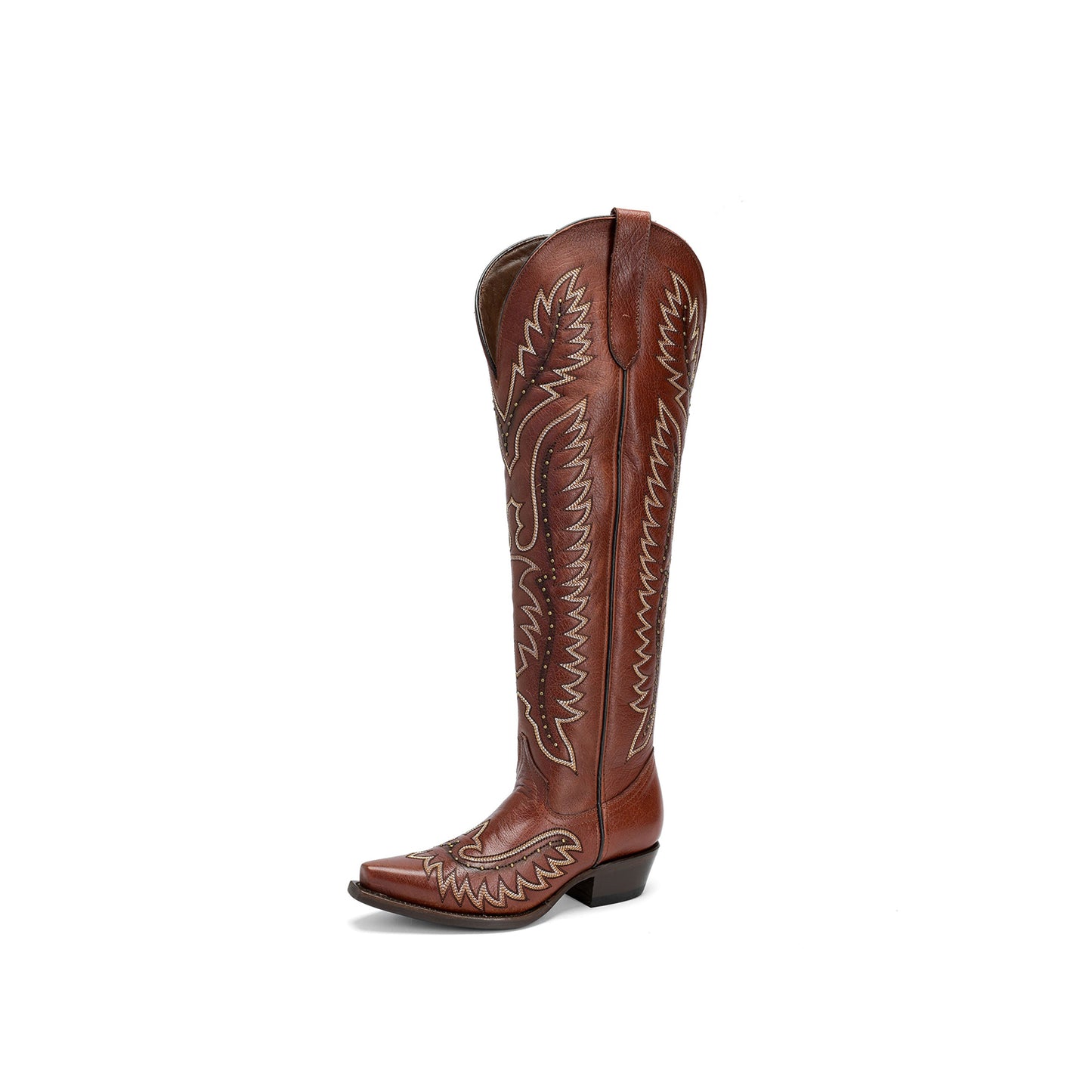 Red Snip-Toe Wings Embroidery Studded Half-Zip Knee High Cowgirl Boots