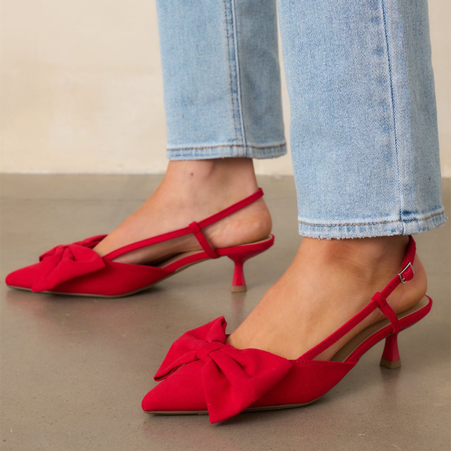 Red Faux Suede Pointed-Toe Front Bow Slingback Kitten Heels