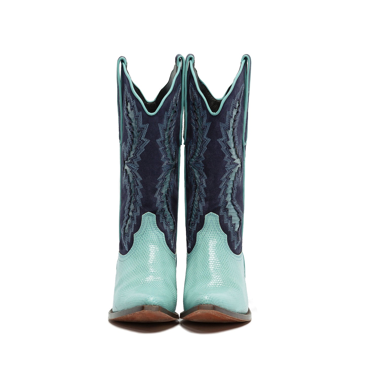 Contrast Lizard Print And Navy Faux Suede Snip-Toe Embroidery And Inlay Mid Calf Cowgirl Boots