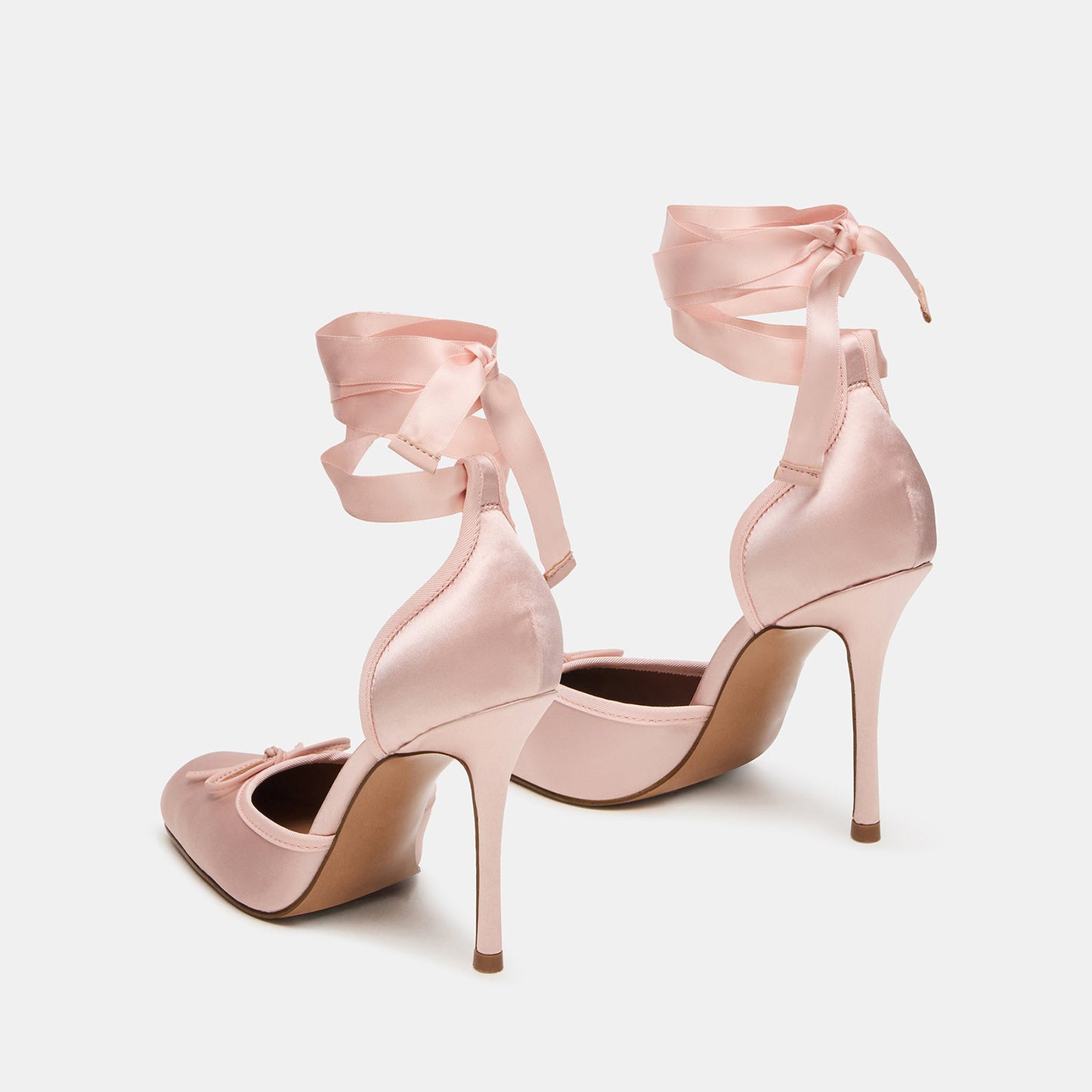 Pink Satin Square-Toe Front Bow Ankle Strap Slip-On High Heels
