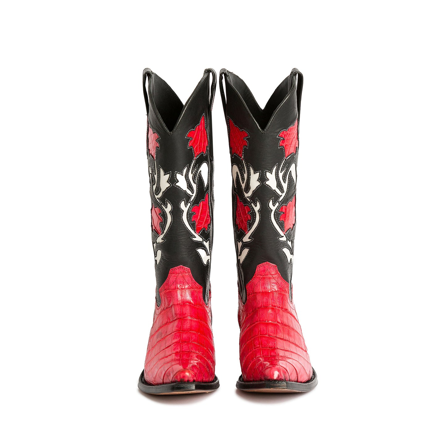 Black Almond-Toe Flowers And Crocodile Print Appliques Mid Calf Cowgirl Boots