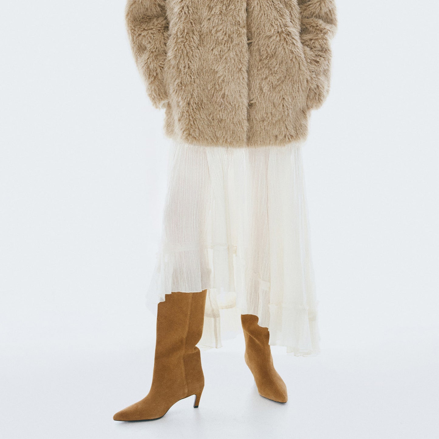 Tan Faux Suede Pointed-Toe Sleek Wide Calf Knee High Stiletto Boots