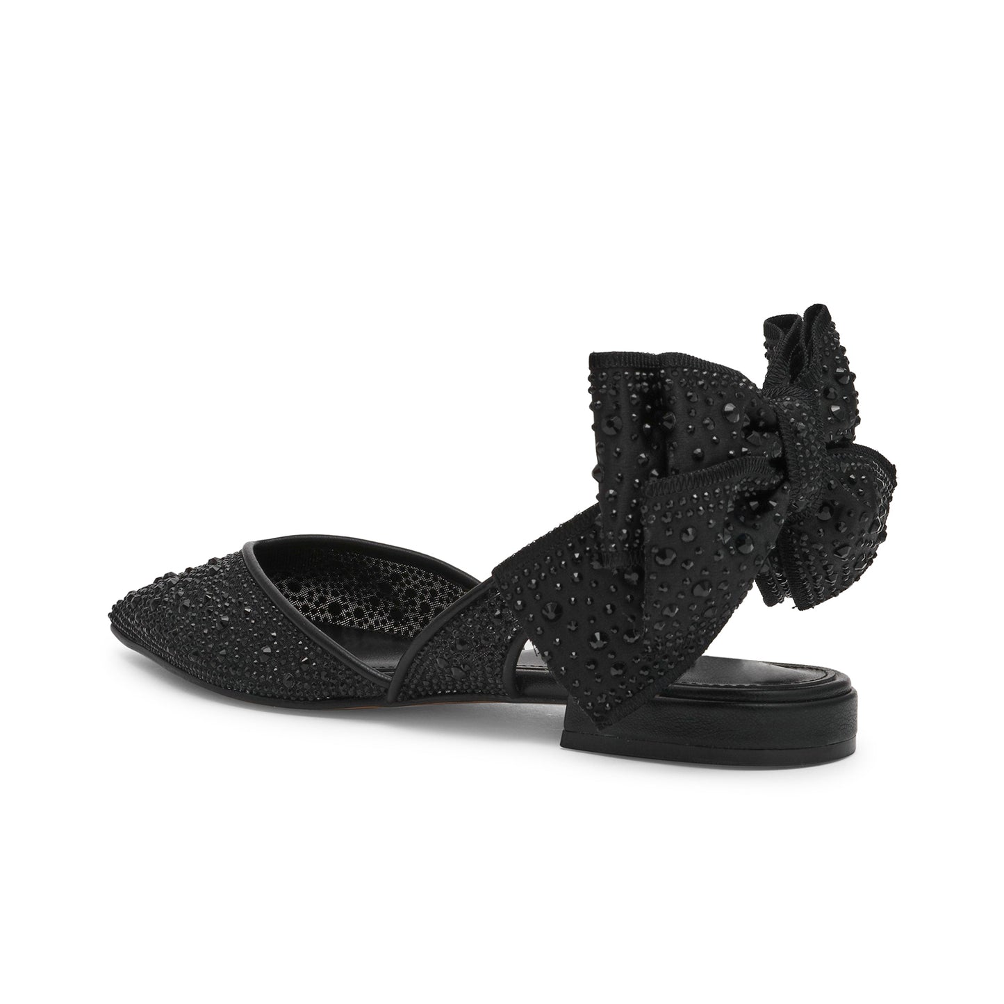 Black Satin Pointed-Toe Slingback Back Bow Rhinestone Flats