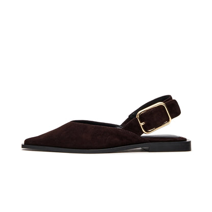 Brown Faux Suede Pointed-Toe Slingback Buckle Flats