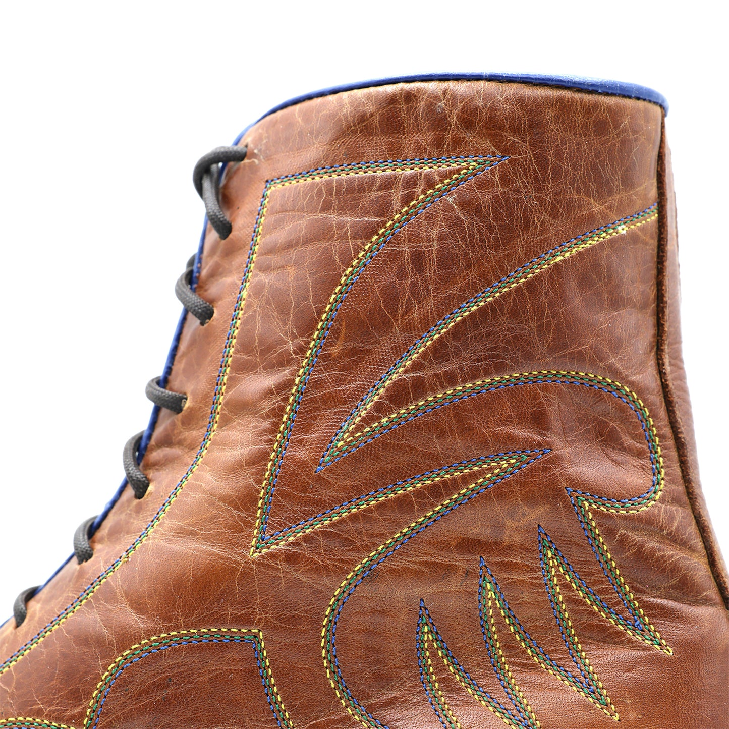 Brown Snip-Toe Embroidery Front Lace-Up Ankle Cowgirl Boots
