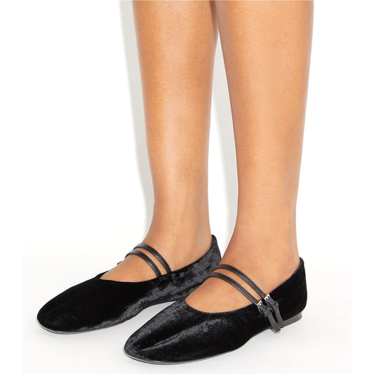 Black Velvet Square-Toe Double Bridge Straps Ballet Flats